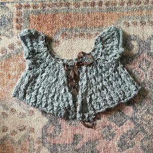 Hand-Knit Duck Egg Blue Shrug with Ribbon Tie
